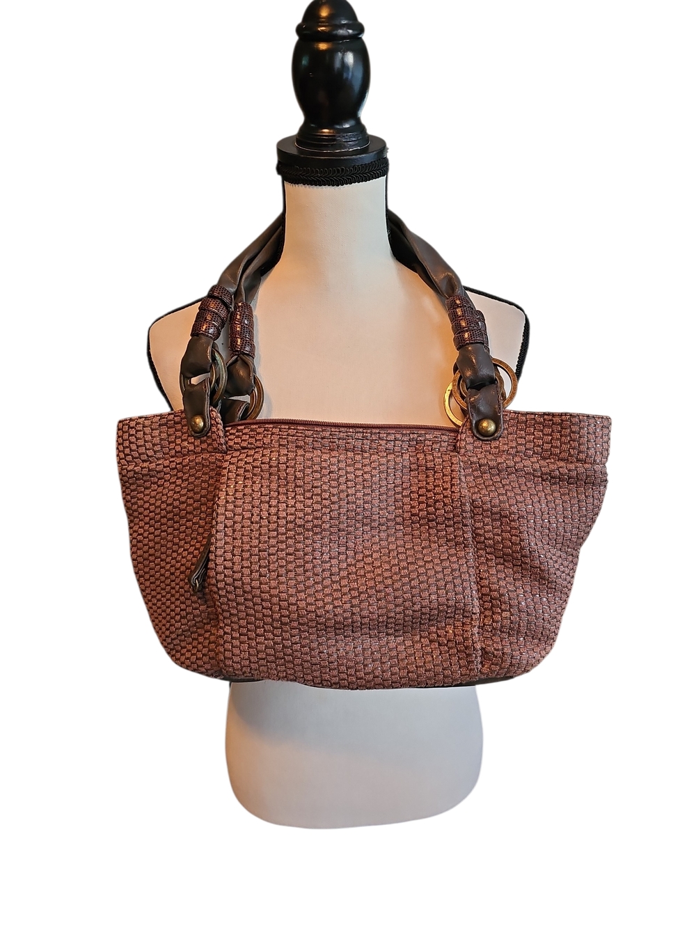 Stone Mountain Woven Brown Tote with Dark Leather Handles
